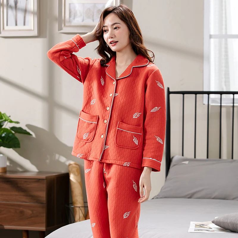 

Женские ламинированные хлопковые пижамы с принтом листьев, Женский Теплый кардиган, пижама, тонкая стеганая пижама с длинным рукавом, зимняя одежда для отдыха