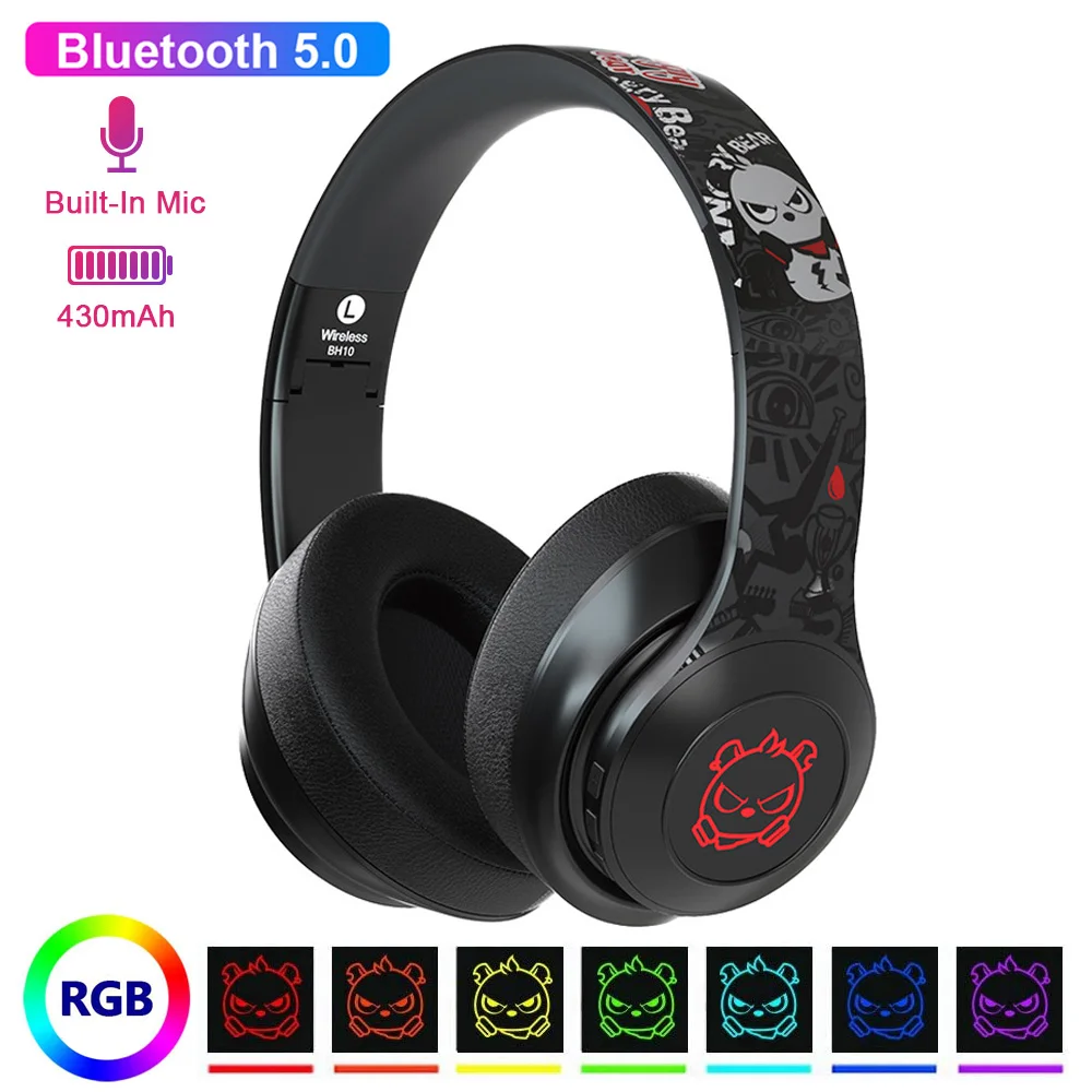 

Gaming Headset Bluetooth Wireless Headphones HIFI Bass RGB LED Light Display Headsets With Microphone For Smartphone Computer PC