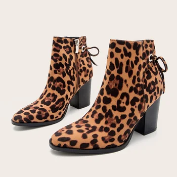 

Women Ankle Boots Flock Leopard Zipper High Heel Pointed Toe Ladies Boots Autumm Winter Warm Female Shoes Plus Size 2020 New