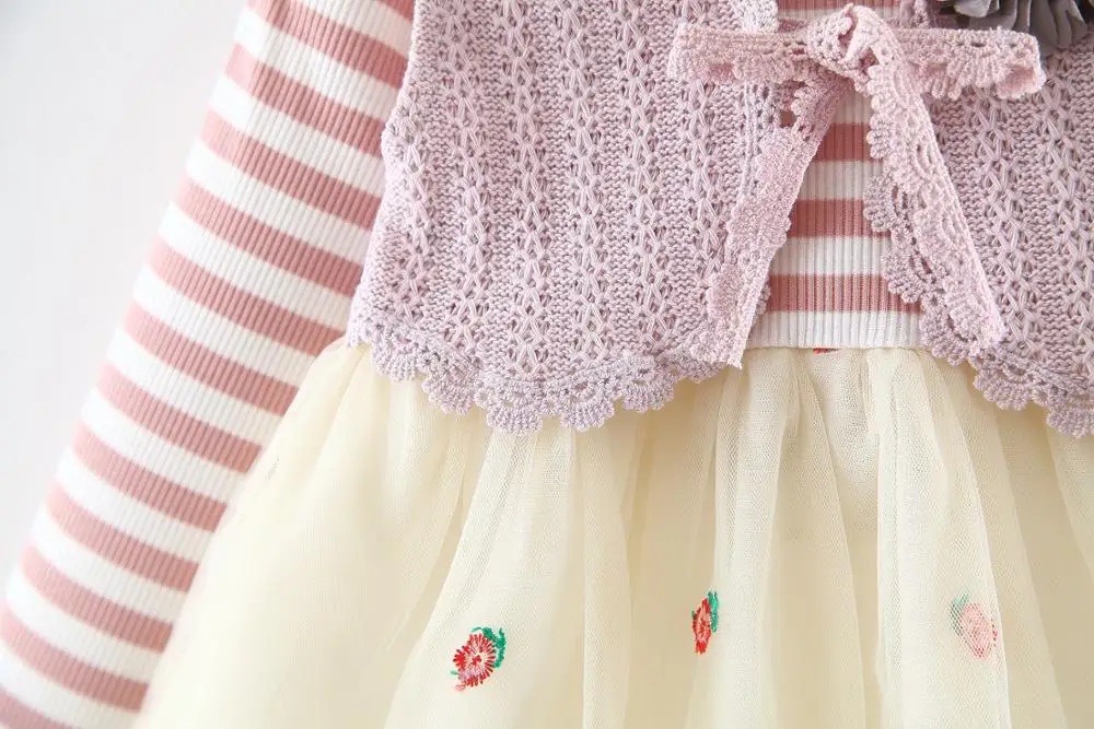 Одежда для новорожденных; коллекция года; осенне-зимнее платье-пачка принцессы в полоску с длинными рукавами для маленьких девочек; платья для дня рождения
