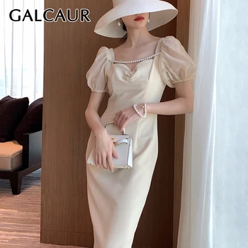 

GALCAUR Patchwork Pearl Women's Dress Square Collar Short Puff Sleeve Tunic High Waist Midi Summer Dresses Female Elegant 2020