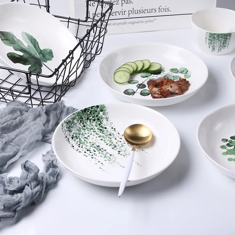 

Nordic Green Plant Plate Creative Ceramic Plate Home Rice Plate Fruit Plate ins Tableware Ceramic Plate Set