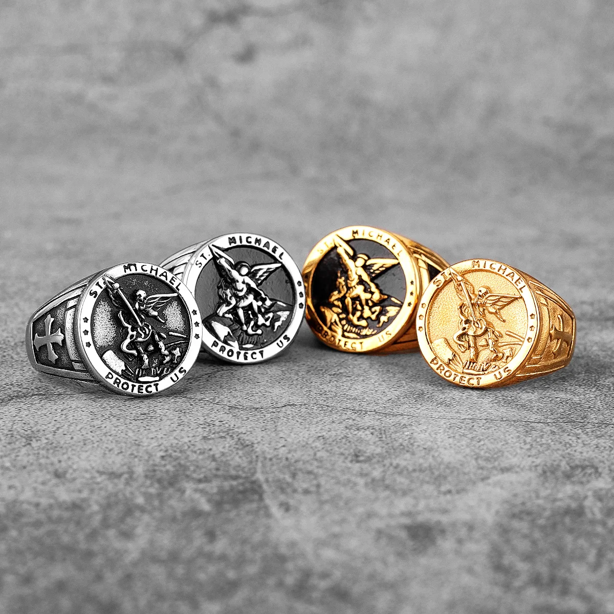 JewelryWe Heilige Michael ring heren roestvrij staal herenring aartsengel St. Michael amulet kruis beschermheilige zegelring retro band bandring christelijke religieuze sieraden cadeau, Für Erwachsene