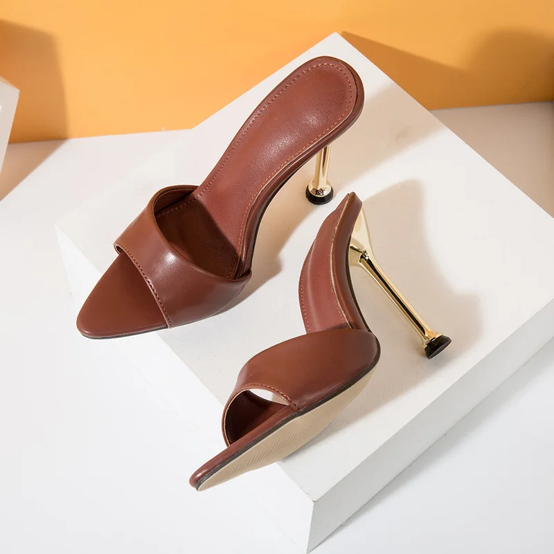 

Women Slippers Fashion PU Leather Strappy Mule High Heels Sandals Flip Flops Pointed Toe Slides Party Shoes Woman Plus Size 42