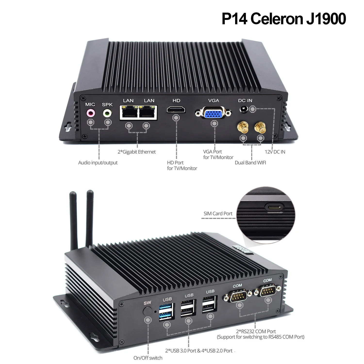 Мини ПК Windows 7 с двойным LAN безвентиляторный мини Intel Celeron J1900 RS485 COM USB WIFI