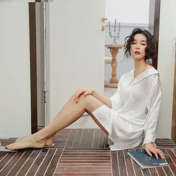 

Summer Sexy Ladies Mini Nightdress Satin Luster White Long Sleeve Sleepdress Lingerie High Grade For Women