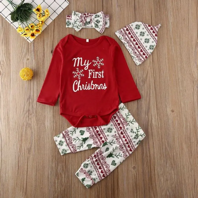 Imcute, новинка года, одежда для маленьких мальчиков и девочек с принтом «My 1st Christmas» комбинезон, топ, штаны комплекты из 4 предметов для детей возрастом от 3 до 18 месяцев