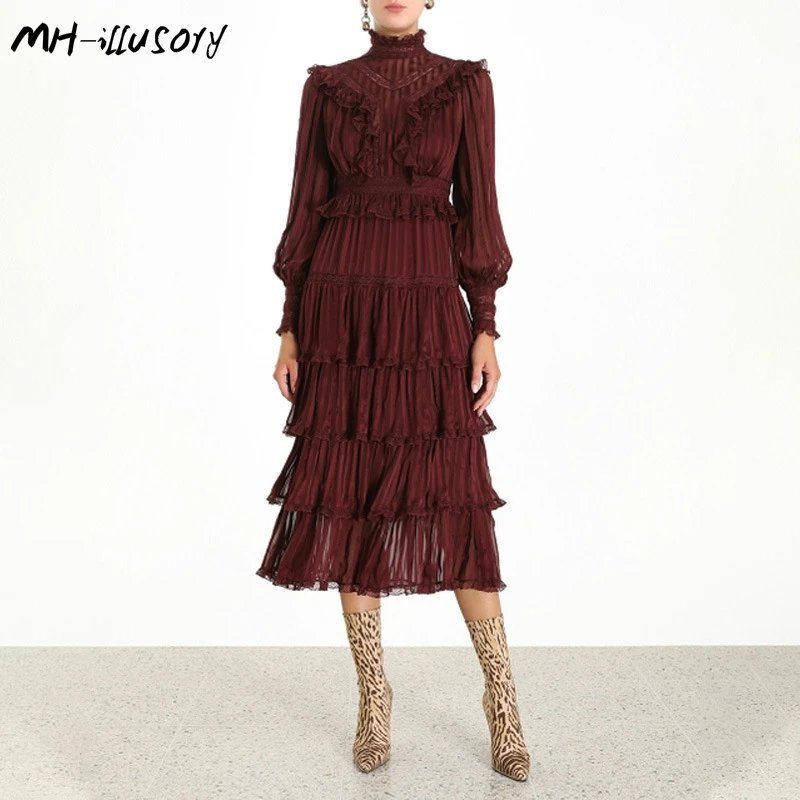 

High-quality Bohemian Ruffle Dress For Women Stand Collar Lantern Long Sleeve High Waist Dresses Female 2019 Autumn Fashion New