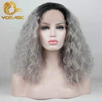 

Yomagic Ombre Grey Color Synthetic Hair Lace Front Wigs for Women Short Bob Deep Curly Glueless Lace Wigs with Baby Hair
