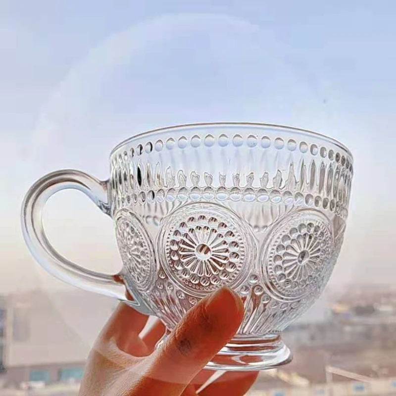 430mlRetroembossedsunflowermilkcupbreakfasthouseholdglasswater