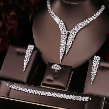 

JaneKelly Luxury Sparking Brilliant Cubic Zircon Drop Earring Necklace Heavy Dinner Jewelry Sst Wedding Bridal jewelry sets