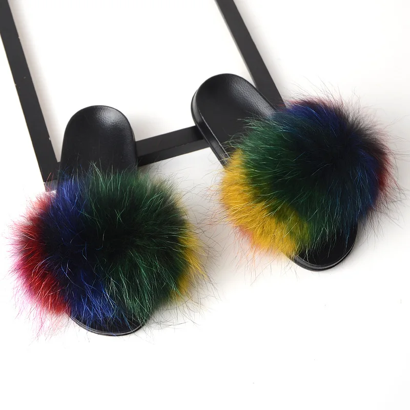 

2019 winter Women's Fluffy Plush Flip Flops Real Fox Fur outside Slippers Women Fur Slides Ladies Open Toe Furry shoes