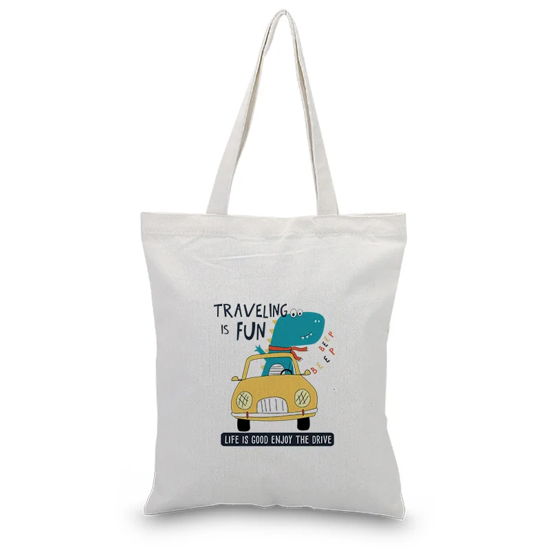 

Canvas Tote Bag Cartoon Dinosaur Pattern Handbag Daily Use Text DIY Custom Print Logo Shopping Bag Eco Reusable Recycle