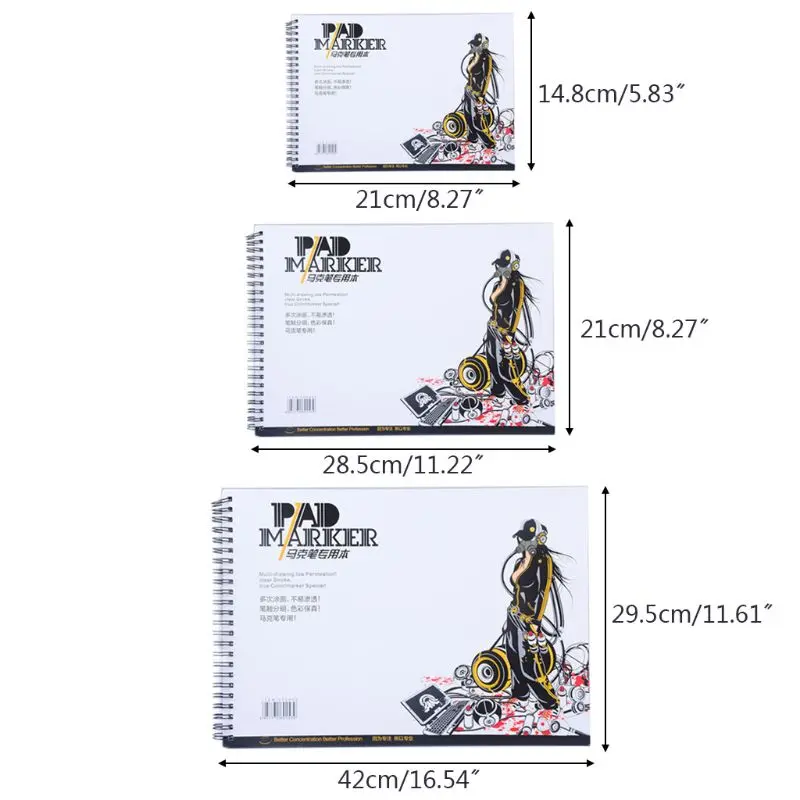 34 Sheet A3/A4/A5 Professional Marker Paper Spiral Sketch Notepad Book Painting Drawing Artist Supplies