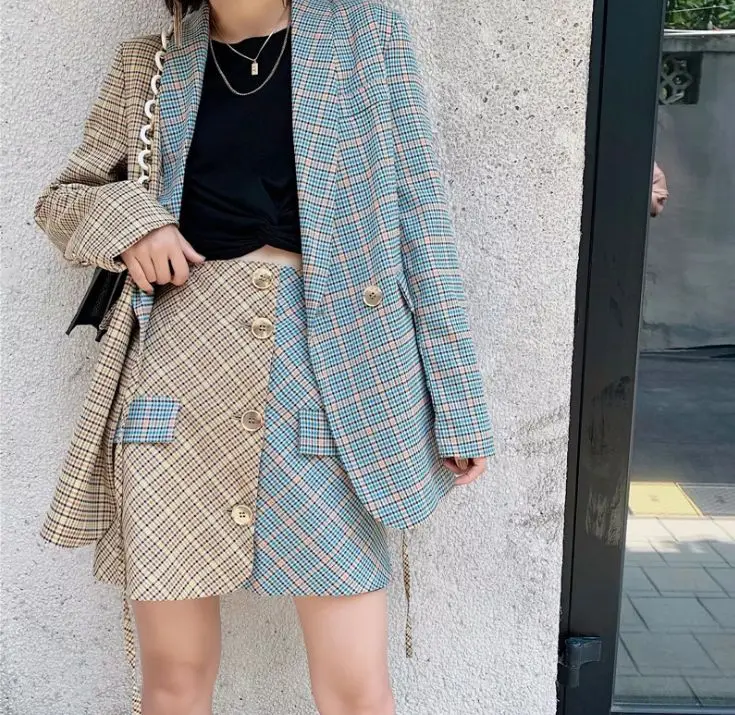 

HCBLESS Women's double row two buckles hit the color lattice tie small suit women's casual suit jacket