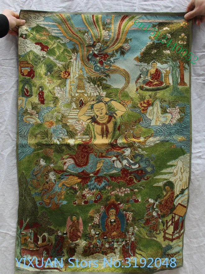 36 pulgadas seda satenverde Tara iluminación diosa Tangka Thangka pinturas Фреска Крус-пунтада bordado decoración