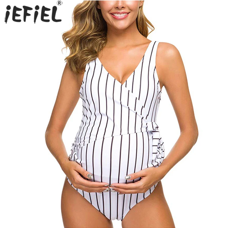 Summer Maternity Swimwear Pregnant Women V Neck Striped Bikini Swimsuit Pregnancy Backless