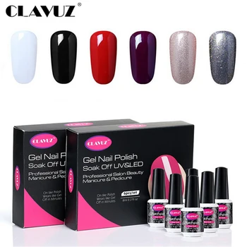 

CLAVUZ 6Pcs/Lot 8ml Pure Color Gel Varnish Soak Off UV Gel Nail Polish Base Coat No Wipe Top Semi Permanent Nail Art Varnish Set