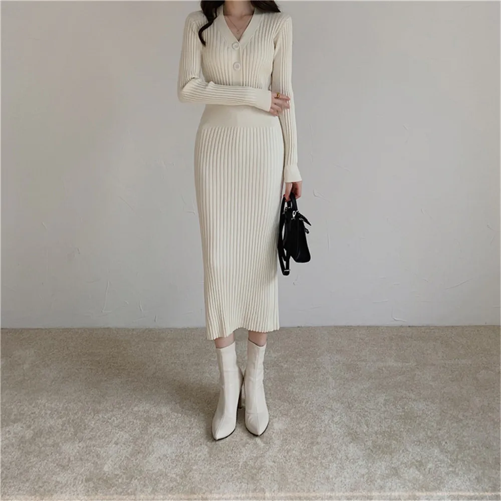 Atopos Autumn Winter Knitted Dress Korean Fashion Women Long Sleeve Dresses
