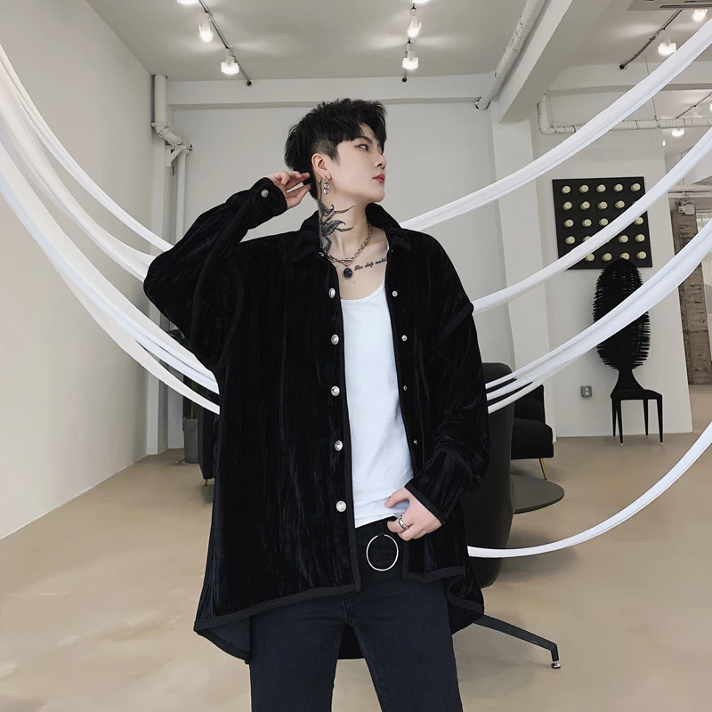 

Men Vintage Streetwear Hip Hop Gothic Black Cardigan Shirt Male Long Sleeve Velvet Pleated Loose Casual Shirts Jacket Outerwear