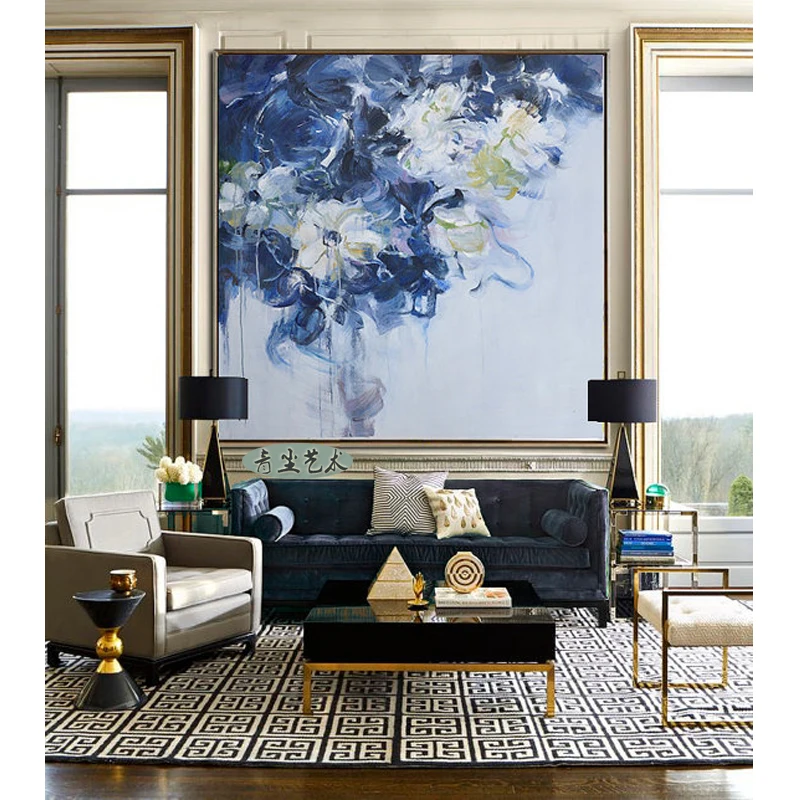 

American neo-classical Small Blue Flower Abstract Oil Painting Garden Club Office Hallway Stairs Bedroom Paintings