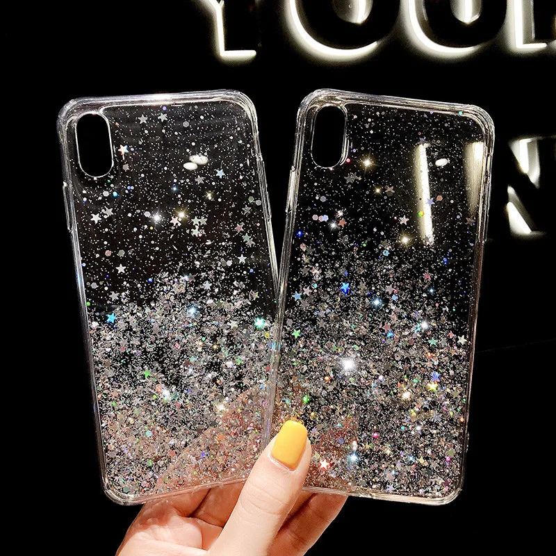 

Star silver foil Phone Case For iPhone XR XS MAX X 7 8 6 6S Plus Glitter Luxury Soft Silicone Case Cover