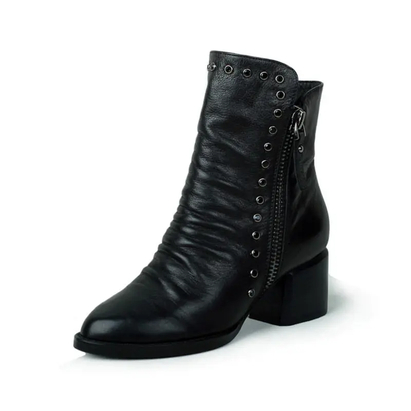 

Ladies autumn and winter pointed double zipper Martin boots fashion rivets rhinestone thick with ankle boots
