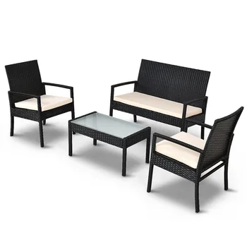 

4-piece Outdoor Patio Furniture Set Table Chair Sofa Cushioned Seat Garden Lightweight Rattan Material Backyard