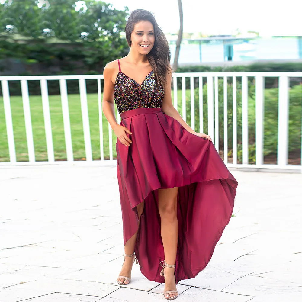 Sexy Prom Dresses Sequined Asymmetrical Deep V-Neck Spaghetti Straps Backless Sparkle Evening Party Gowns Vestidos De Gala 2020