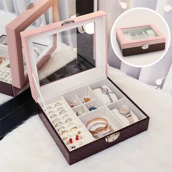 

Jewelry box storage box small jewelry portable European lock mirror earrings jewelry female large capacity LB821171