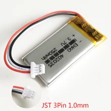 3.7v 250mah 402035 bateria recarregável lipo do polímero do lítio com jst 1.0mm 3pin para gps handheld mp3 gps bluetooth relógio inteligente