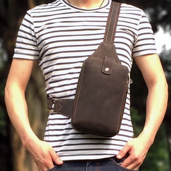 

MISFITS Retro Leather Mens Crossbody Chest Bag Sports Shoulder Bag Zipper Double Chest Bag
