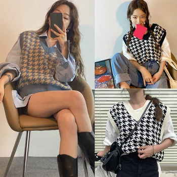 

Women's Retro V-Neck Houndstooth Vest Loose Lazy Waistcoat Outer Sweater One Size