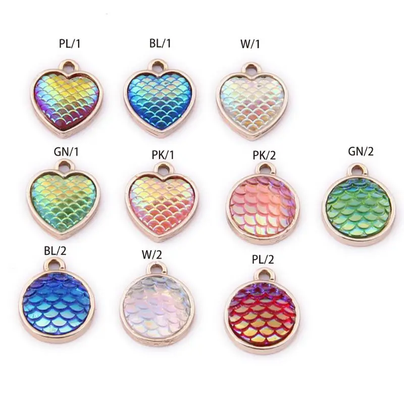 

10Pcs Hologram Rainbow Colorful Pendant Fish Scale Pattern Heart Round Charms for Jewelry Making Necklace Earring DIY Accessory