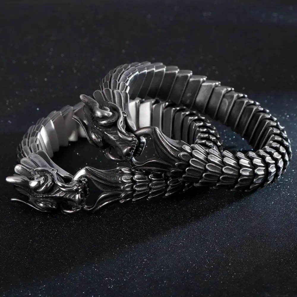 Fongten Dragon Link Chain Bracelet Men Biker Viking Stainless Steel Punk Mens Old Metal Vintage Bangles Jewelry Gift 2020