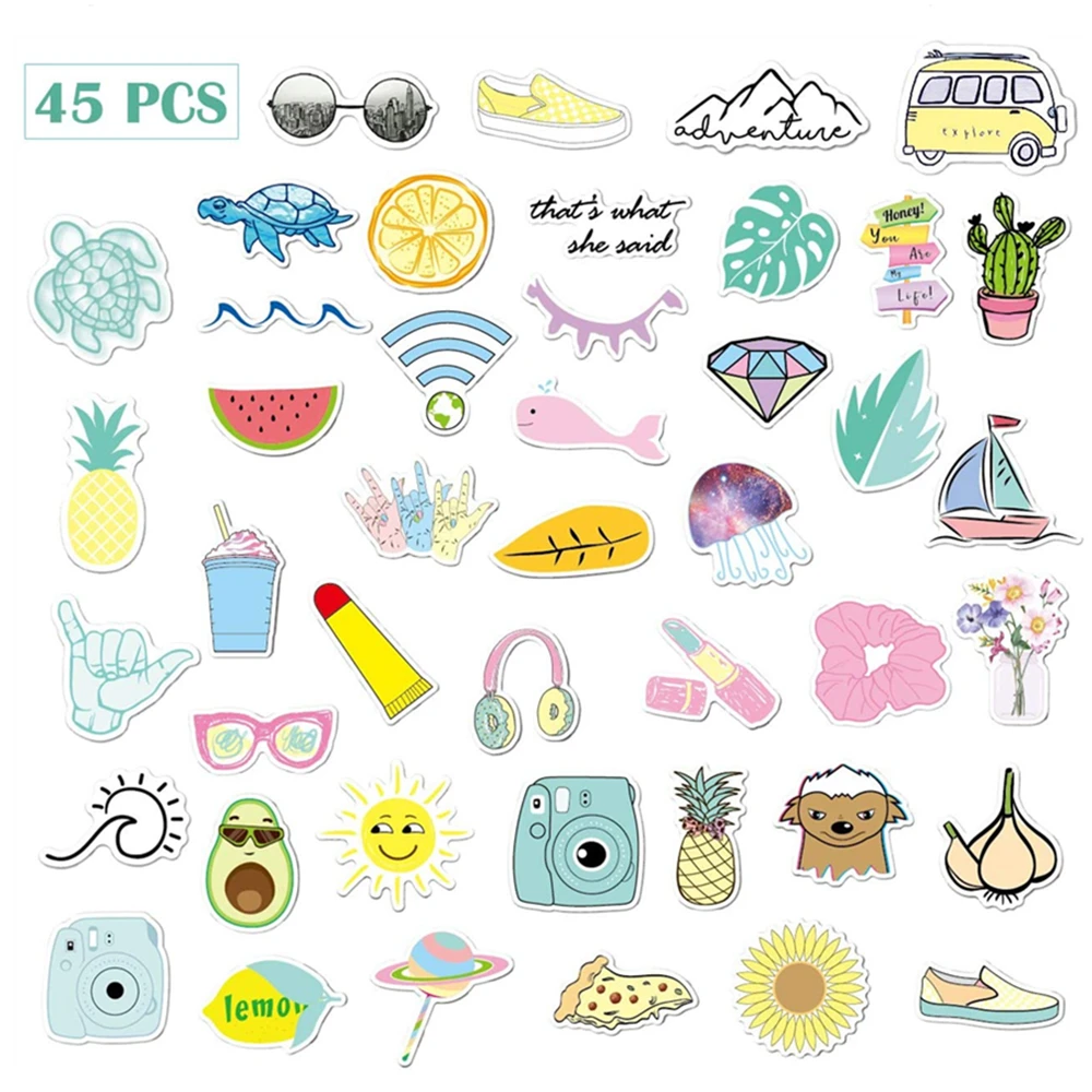 45 PCS Multi-color Vsco Sticker Cute Aesthetics Stickers for Teens Toys to DIY Water Bottle Laptop Phone Car Luggage 100% Vinyl