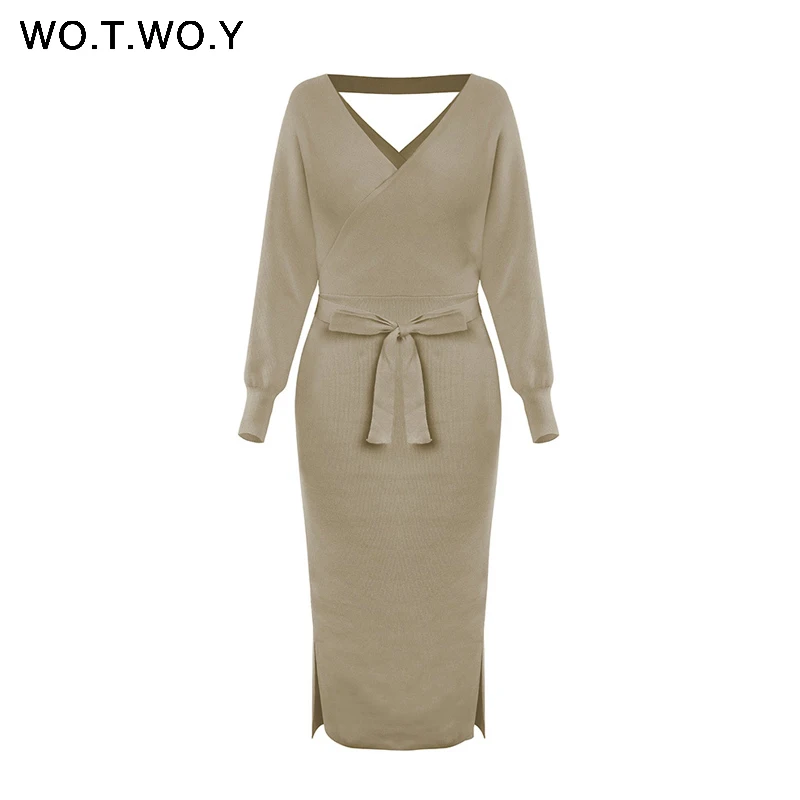 WOTWOY осеннее сексуальное женское платье-свитер с v-образным вырезом, с поясом, с разрезом сбоку, с длинным рукавом, до середины икры, женское платье-карандаш, модная женская одежда - Цвет: SD19302Khaki