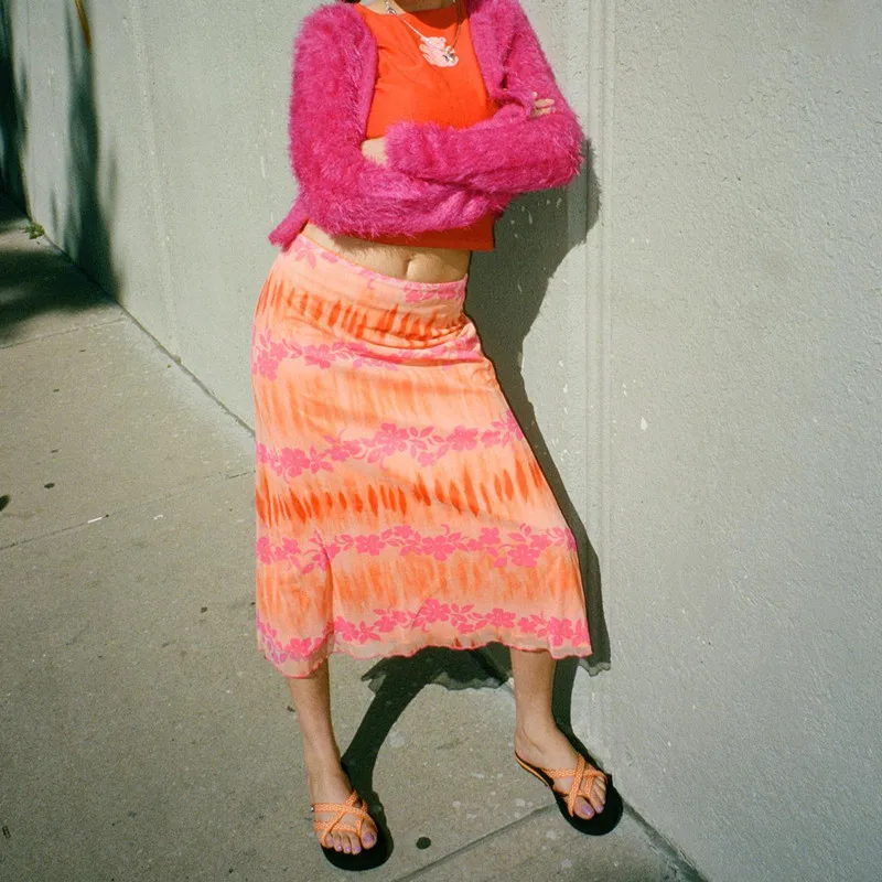 ACLENT Tie dye slit long skirt