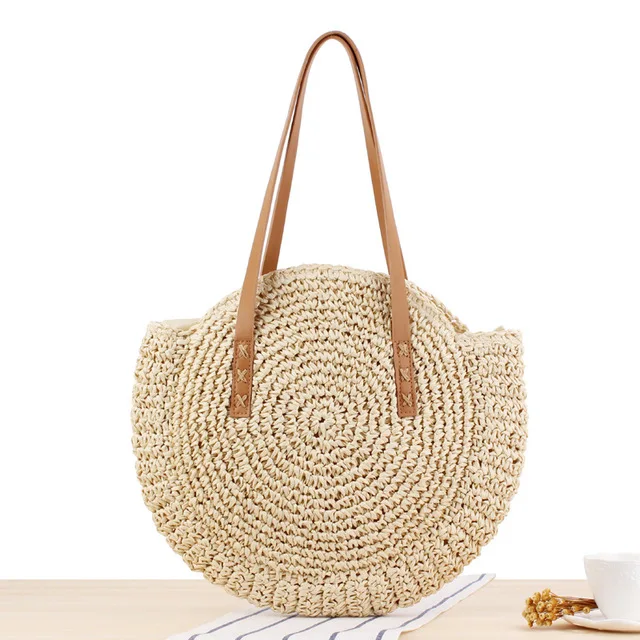 Солнечный пляж, ручные тканые сумки, круглая сумка с пряжкой, Ротанговые соломенные сумки, ранец, богемная пляжная круглая сумка - Цвет: round big beige