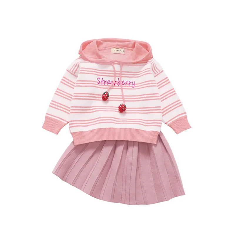Tonytaobaby/осенне-зимняя одежда; Новая детская одежда; Хлопковый вязаный костюм с клубничкой; юбка; одежда для маленьких девочек