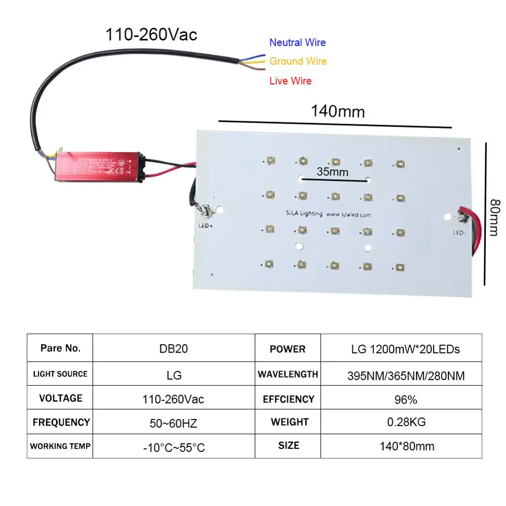 250 280 365nm 395 SKD Стерилизация Дезинфекция Led УФ отверждения лампа лечения Ультрафиолетовый черный светильник трафаретная печатная машина клей - Мощность в ваттах: DB20