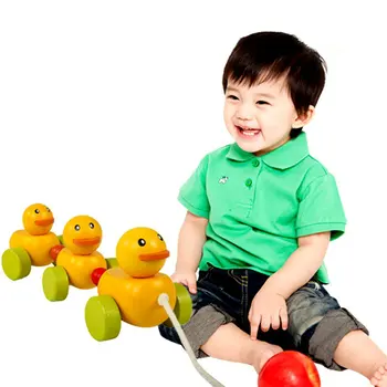 

Free shipping Baby wooden small yellow duck trailer Car toys, DUCK Car Exercise children crawling and walking drag wood toys