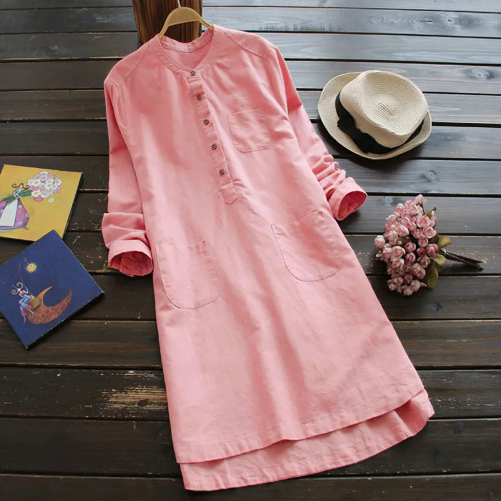 Womens Dresses Retro Cotton Button Solid Color Shirt Dress Casual Loose O Neck Office Mini Feminina Vestidos Mujer 2020 | Женская одежда