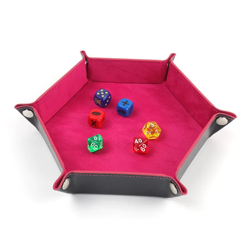 PU Leather Velvet Folding Hexagon Dice Tray Collapsible Rolling Board Game Storage Box Home Sundries Storage Tray 17.5cm