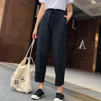 

High Waist Harem Pants Women Bow Tie Drawstring Sweet Elastic Waist Pockets Casual Loose Trousers Femme Pants