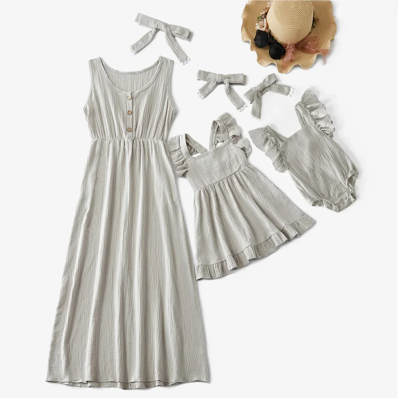 

Mother and Kids Casual Button Dress Solid Matching Cute Baby Romper Summer Dress Mom Baby Family Clothes Outfits Cotton Dress