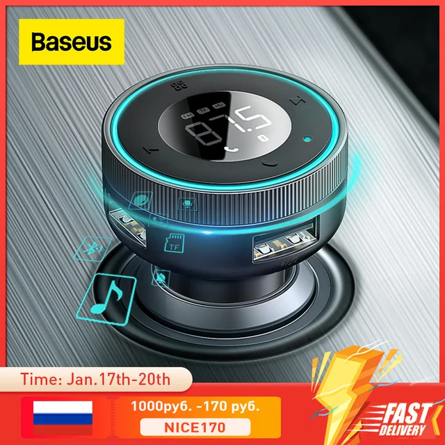 Baseus معالج إرسال موجات FM سيارة بلوتوث 5.0 يدوي Aux محول 3.4A المزدوج USB شاحن سيارة مشغل MP3 ناقل موجات الراديو