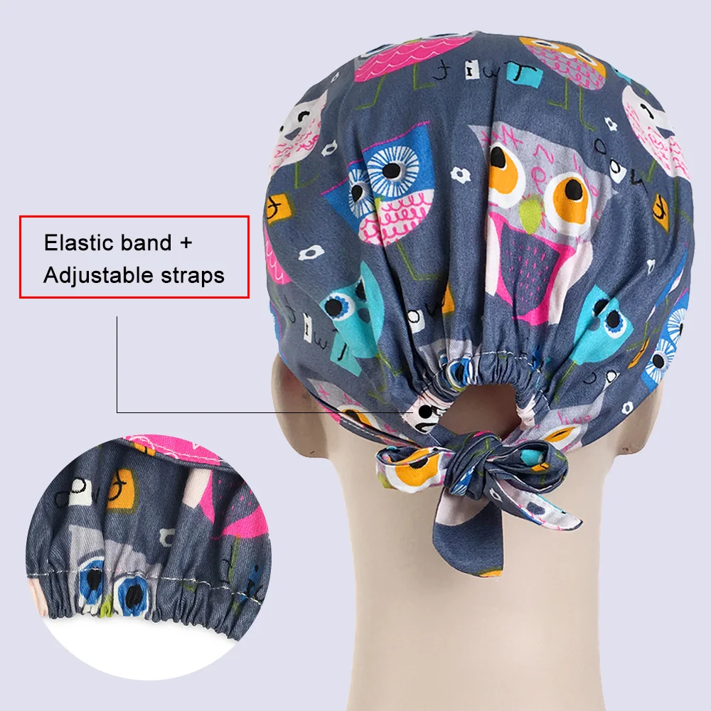 VIAOLI Print Black Tieback Elastic Section 100% Cotton Surgical Caps Scrub Caps for men Women Hospital Medical Hats Arrival 050