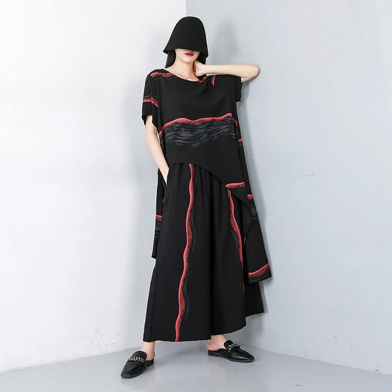 

2 TWO PIECE SET Irregular Tops Long Blouse Shirt Black Striped Loose Harem Pants Wide Leg Women Runway Suit Designer Plus Size