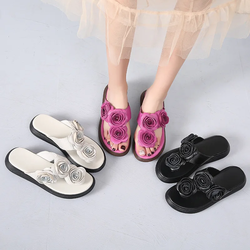 

Summer New Style Ethnic-Style Genuine Leather Women's Sandals High Slanted Heel Thick Bottomed Herringbone Full-grain Leather Fl